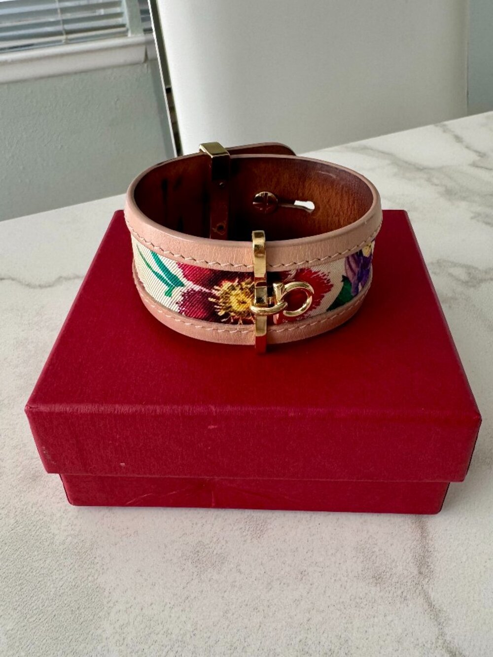 Salvatore Ferragamo Floral Silk & Leather Gancini Cuff Bracelet Box Included